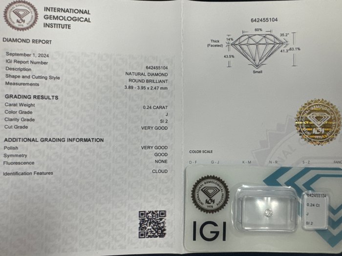 Ingen mindstepris - 1 pcs Diamant  (Natur)  - 024 ct - Rund - J - SI2 - International Gemological Institute (IGI)