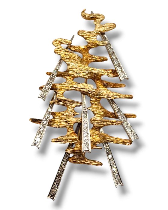 Broche - 18 kraat Gulguld, 18K guld broche med diamanter -  0.42ct. tw. Diamant (Natur)