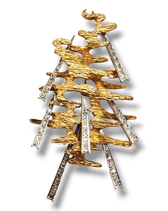 Broche - 18 kraat Gulguld, 18K guld broche med diamanter -  0.42ct. tw. Diamant (Natur)