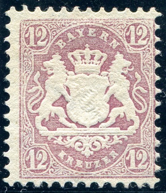 Bavaria 1870 - Statsvåben på fod, 12 kr. mørkebrun-lilla - Michel 26x