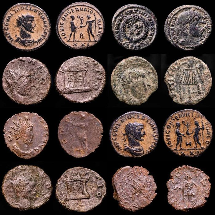 Romarriket. Claudius II, Tetricus I, Diocletian, Constantine I and Constantinus Gallus. Antoninianus, Follis, Maiorinas. Lot comprising eight (8) coins: III-IV centuries AD.  (Ingen mindstepris)