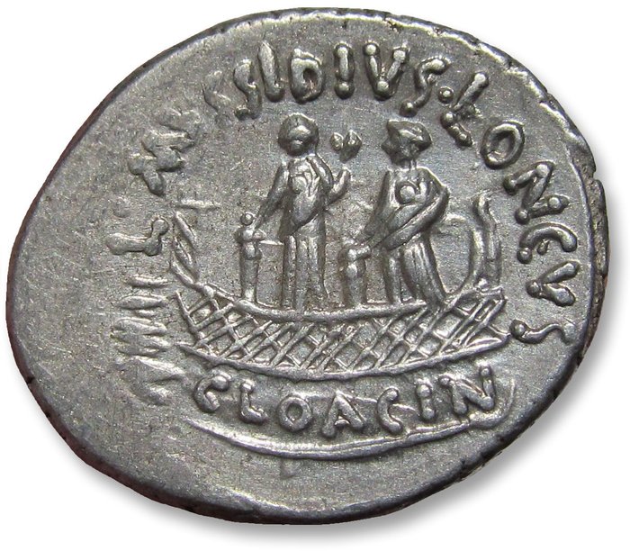 Romerska republiken L Mussidius Longus 42 BC Denarius Rome mint - Shrine of Venus Cloacina - variety with star symbol on obverse