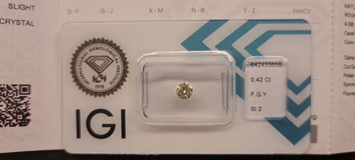 Ingen mindstepris - 1 pcs Diamant  (Naturfarvet)  - 0.42 ct - Rund - Fancy Grønlig Gul - SI2 - International Gemological Institute (IGI)