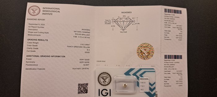 Ingen mindstepris - 1 pcs Diamant  (Naturfarvet)  - 0.42 ct - Rund - Fancy Grønlig Gul - SI2 - International Gemological Institute (IGI)