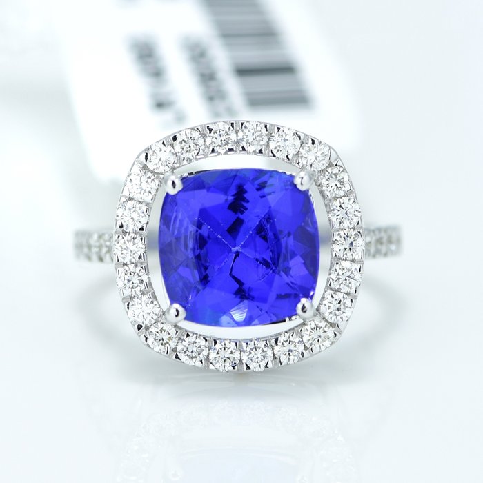 Ring - 14 karat Hvidguld -  3.18ct. tw. Tanzanit - Diamant - Tanzanit vielsesring