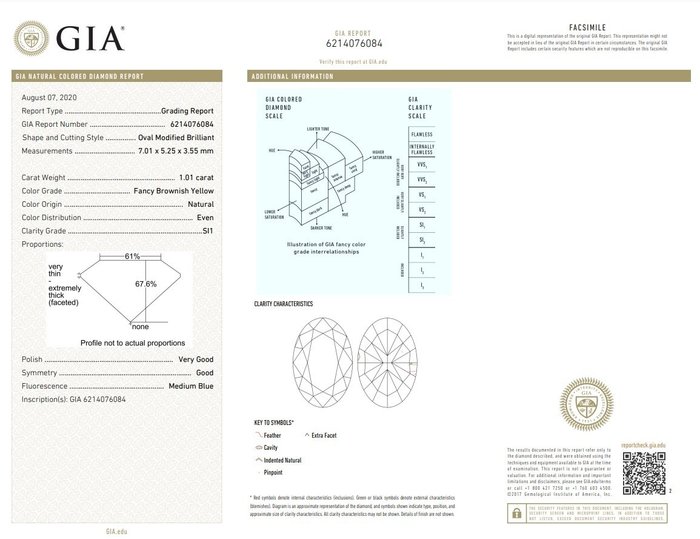 1 pcs Diamant  (Naturfarvet)  - 1.01 ct - Oval - Fancy Brunlig Gul - SI1 - Gemological Institute of America (GIA)