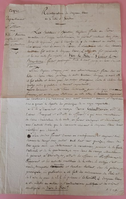 [Fin du Premier Empire] Réintégration du Drapeau Blanc en la Ville d'Herisson - Lettre autographe signée - 1815