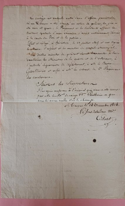 [Fin du Premier Empire] Réintégration du Drapeau Blanc en la Ville d'Herisson - Lettre autographe signée - 1815