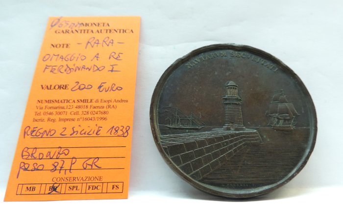 Italien, Kongeriget af begge Sicilier. Ferdinand 1. af Borbone (1816-1825). Bronze medal 1838 medaglia omaggio elle opere di Re Ferdinando I di Borbone  (Ingen mindstepris)