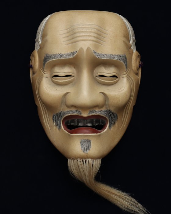 Signed Japanese Wooden Noh Mask of KAGEKIYO  能面 景清 (夢冬 作) with mask bag - Skulptur Træ - Japan