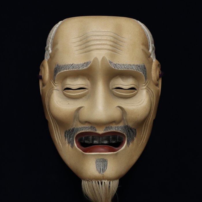 Signed Japanese Wooden Noh Mask of KAGEKIYO  能面 景清 (夢冬 作) with mask bag - Skulptur Træ - Japan