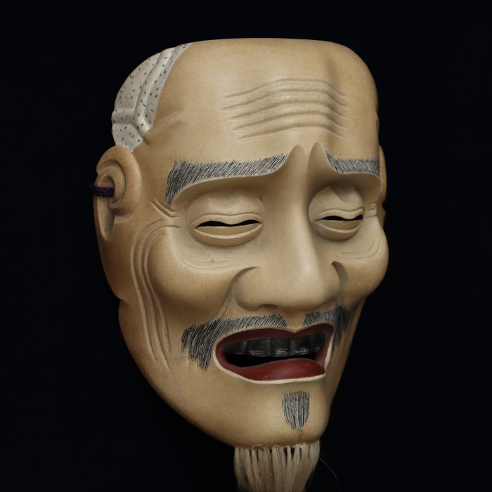 Signed Japanese Wooden Noh Mask of KAGEKIYO  能面 景清 (夢冬 作) with mask bag - Skulptur Træ - Japan