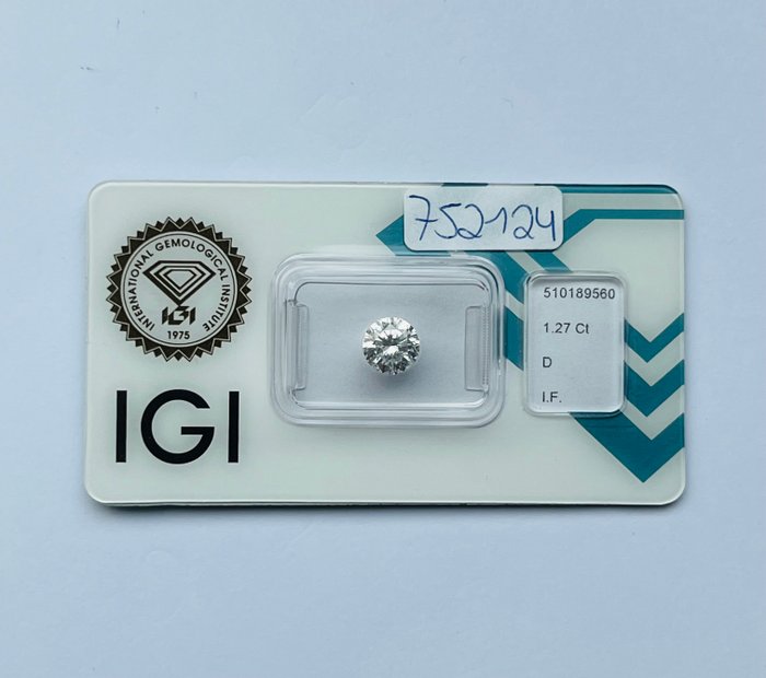 1 pcs Diamant  (Natur)  - 1.27 ct - Rund - D (farveløs) - IF - International Gemological Institute (IGI) - Ex Ex Ex