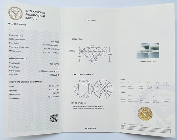 1 pcs Diamant  (Natur)  - 1.27 ct - Rund - D (farveløs) - IF - International Gemological Institute (IGI) - Ex Ex Ex