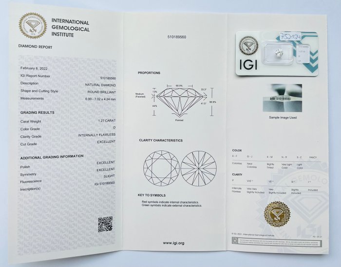 1 pcs Diamant  (Natur)  - 1.27 ct - Rund - D (farveløs) - IF - International Gemological Institute (IGI) - Ex Ex Ex