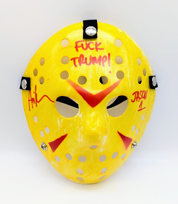 Fredag den 13. - Ari Lehman "The 1st Jason Vorhees" Autograph + inscription "F*** Trump" on a Jason Vorhees mask