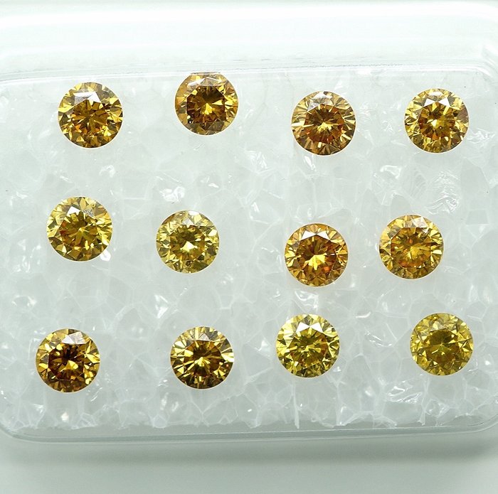 12 pcs Diamant  (Naturfarvet)  - 1.00 ct Gullig Orange - I1, VS1 - Gem Report Antwerp (GRA)