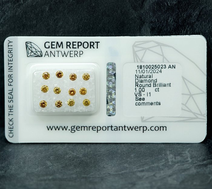 12 pcs Diamant  (Naturfarvet)  - 1.00 ct Gullig Orange - I1, VS1 - Gem Report Antwerp (GRA)