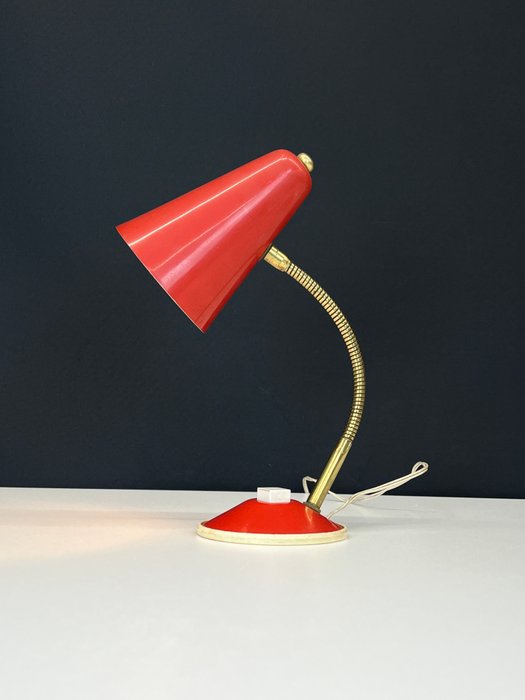 Skrivebordslampe - Rød italiensk cocotte lampe, 1960'erne - Messing, Stål