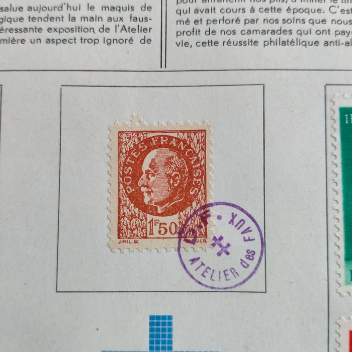 Belgien 1945 - Ark med falsk fransk stempel "Pétain", brugt af den franske modstandsbevægelse og 7 belgiske