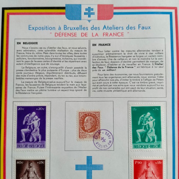 Belgien 1945 - Ark med falsk fransk stempel "Pétain", brugt af den franske modstandsbevægelse og 7 belgiske