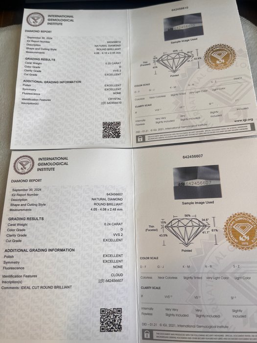 2 pcs Diamant  (Natur)  - 0.49 ct - Rund - D (farveløs) - VVS2 - International Gemological Institute (IGI)