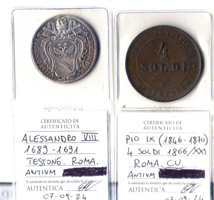 Italien, Kirkestaten. Alessandro VIII (1689-1691). Testone / 4 Soldi (2 monete)