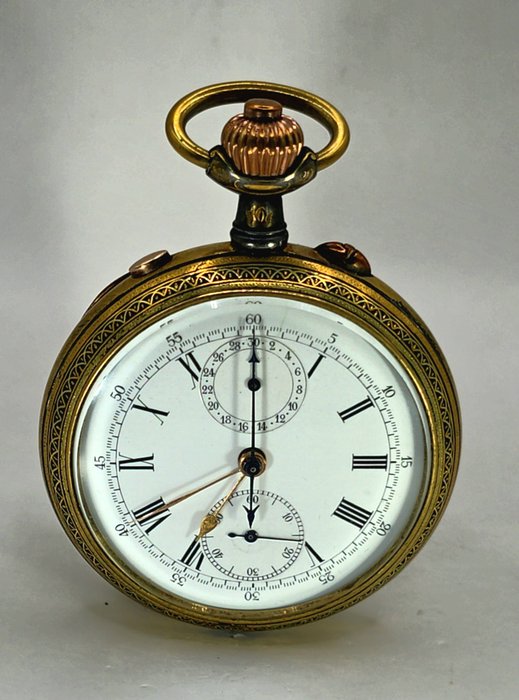 Schweiz - Prunklepine Taschenuhr mit Drachen  - Rattrapante Chronograph - Goldveredlung - Schweiz omkring 1870