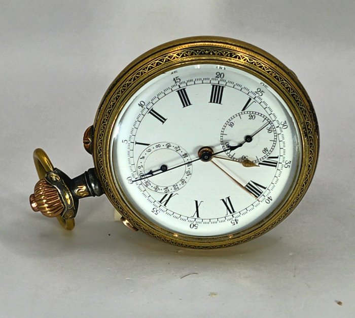 Schweiz - Prunklepine Taschenuhr mit Drachen  - Rattrapante Chronograph - Goldveredlung - Schweiz omkring 1870