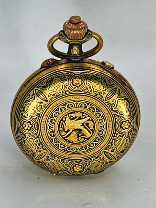 Schweiz - Prunklepine Taschenuhr mit Drachen  - Rattrapante Chronograph - Goldveredlung - Schweiz omkring 1870