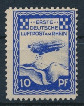 Det tyske kejserrige - Halvofficielle luftfartsfrimærker 1913 - Flyvestempel, Zeppelin Flight Days Düsseldorf, 10 Pfennig koboltblå i perfekt ny stand - Michel Nr. 9