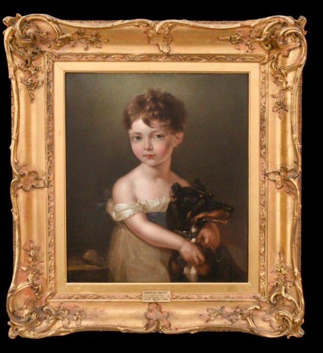 Margaret Sarah Carpenter (1793–1872) Attributed - A portrait  of George Davis age 6 grandson of John Spicer as a boy half-length with his pet dog