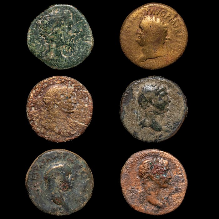 Romarriket. Lote de 6 monedas Æ incl.: Ases y Sestercios de Trajano, Vespasiano y Marco Aurelio  (Ingen mindstepris)