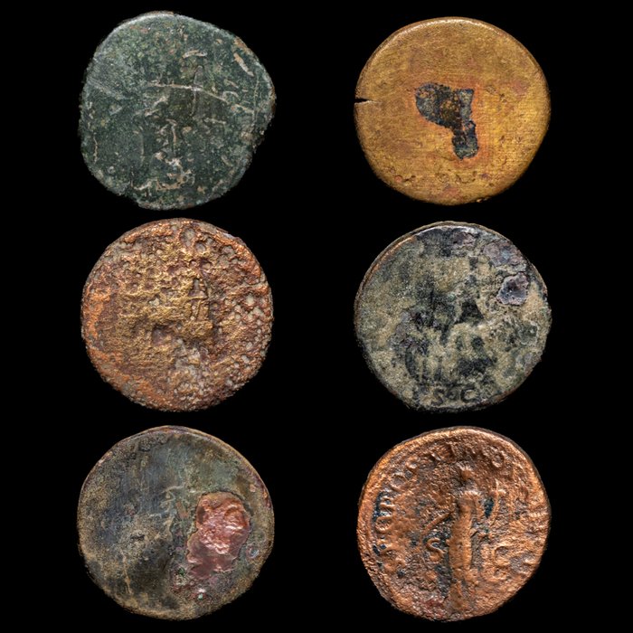 Romarriket. Lote de 6 monedas Æ incl.: Ases y Sestercios de Trajano, Vespasiano y Marco Aurelio  (Ingen mindstepris)