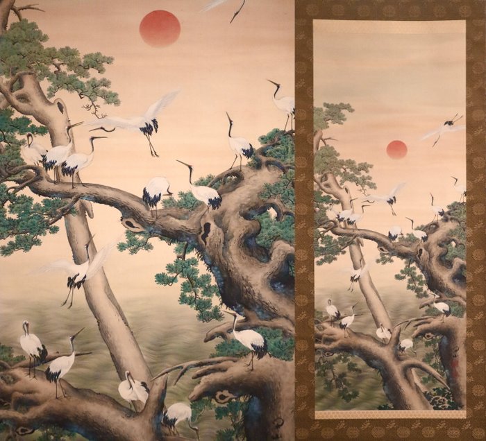 Rising Sun and Cliff Scenery - Old Pine Tree and Flock of Cranes - with original box - “Fukuda Kanzan 福田閑山” - Japan  (Ingen mindstepris)