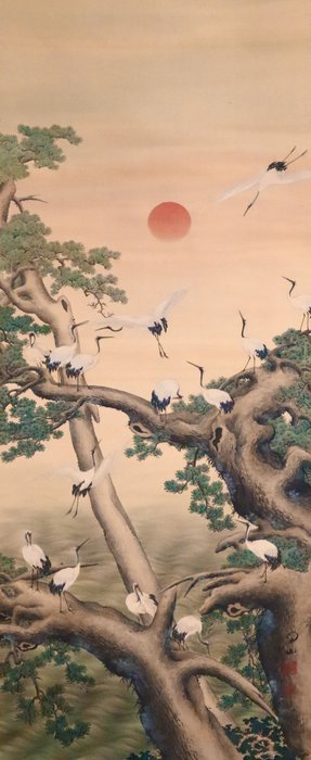 Rising Sun and Cliff Scenery - Old Pine Tree and Flock of Cranes - with original box - “Fukuda Kanzan 福田閑山” - Japan  (Ingen mindstepris)