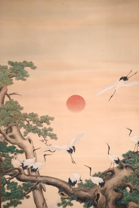 Rising Sun and Cliff Scenery - Old Pine Tree and Flock of Cranes - with original box - “Fukuda Kanzan 福田閑山” - Japan  (Ingen mindstepris)