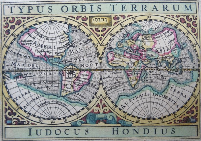 World map - Afrika / Asien / Europa / Amerika / Antarktis; B. Langenes / P. Bertius / J. Hondius - Typus Orbus Terrarum Iudocus Hondius - 1601-1620