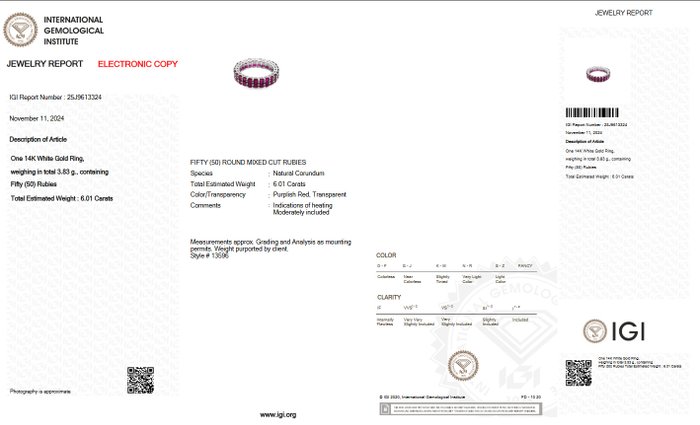 Ingen mindstepris - Ring - 14 karat Hvidguld -  6.01ct. tw. Rubin - IGI