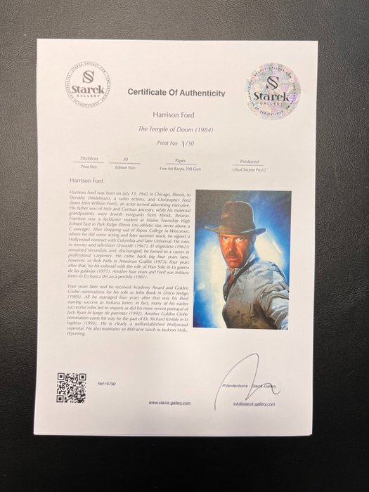 Harrison Ford - The Temple of Doom (1984) - Fine Art Photography - Luxury Wooden Framed 70X50 cm - Limited Edition Nr 02 of 30 - Serial ID 16790 - Original Certificate (COA) Hologram Logo Editor and QR Code - 100% New items