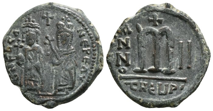 Byzantinske rige. Phocas (AD 602-610). Follis With Leontia