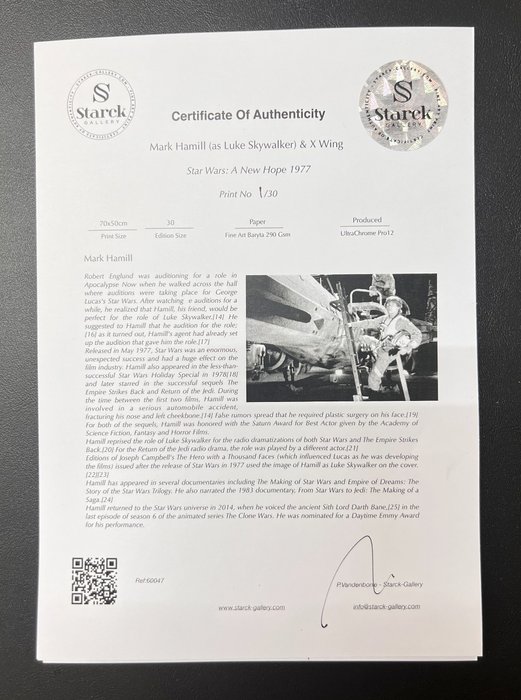 Star Wars: A New Hope 1977 - Mark Hamill (as Luke Skywalker)  X Wing - Fine Art Photography - Luxury Wooden Framed 70X50 cm - Limited Edition Nr 02 of 30 - Serial ID 60047 - Original Certificate (COA), Hologram Logo Editor and QR Code - 100% New items.