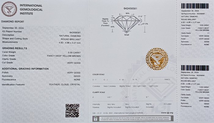 Ingen mindstepris - 1 pcs Diamant  (Naturfarvet)  - 0.50 ct - Rund - Fancy deep Gul Brun - I1 - International Gemological Institute (IGI)