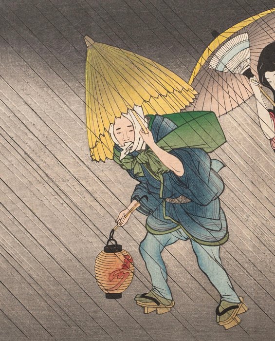 Two Geisha and Porter in Wind and Rain at Night, from Vol. 2 of the book Ehon shiki no hana - ca - Kitagawa Utamaro ( 喜多川 歌麿; c. 1753 – 31 October 1806) - Japan