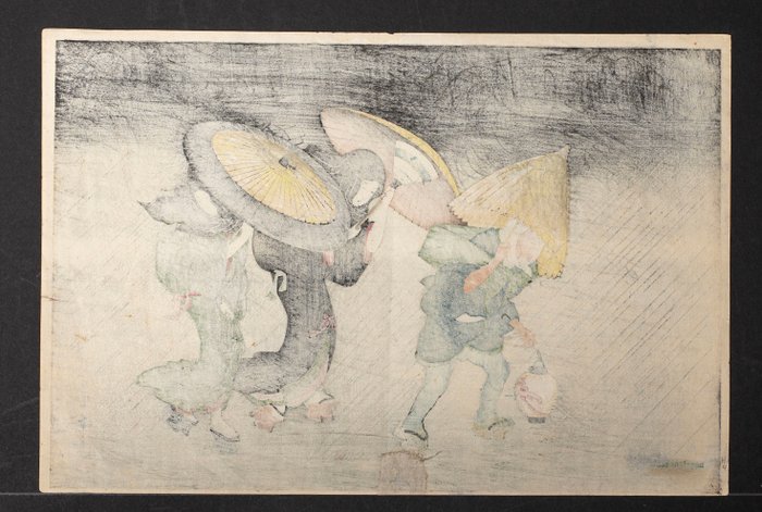 Two Geisha and Porter in Wind and Rain at Night, from Vol. 2 of the book Ehon shiki no hana - ca - Kitagawa Utamaro ( 喜多川 歌麿; c. 1753 – 31 October 1806) - Japan