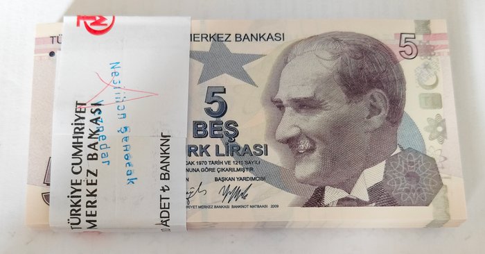 Tyrkiet - 100 x 5 Lira ND ( 2022 ) - F Serie - originele bundel - Pick 222f  (Ingen mindstepris)