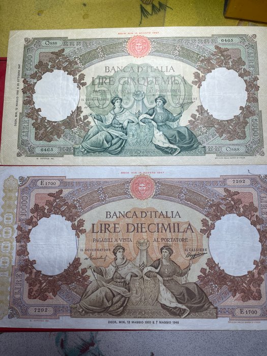 Italien. - 5.000 + 10.000 Lire 1947 - serial 888 - Gigante BI 65N, BI 73Q