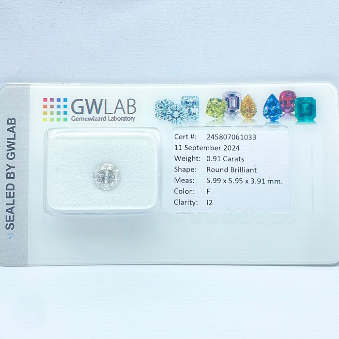 Ingen mindstepris - 1 pcs Diamant  (Natur)  - 091 ct - Rund - F - I2 - Gemewizard Gemological Laboratory (GWLab)