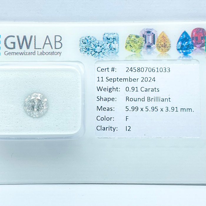 Ingen mindstepris - 1 pcs Diamant  (Natur)  - 091 ct - Rund - F - I2 - Gemewizard Gemological Laboratory (GWLab)