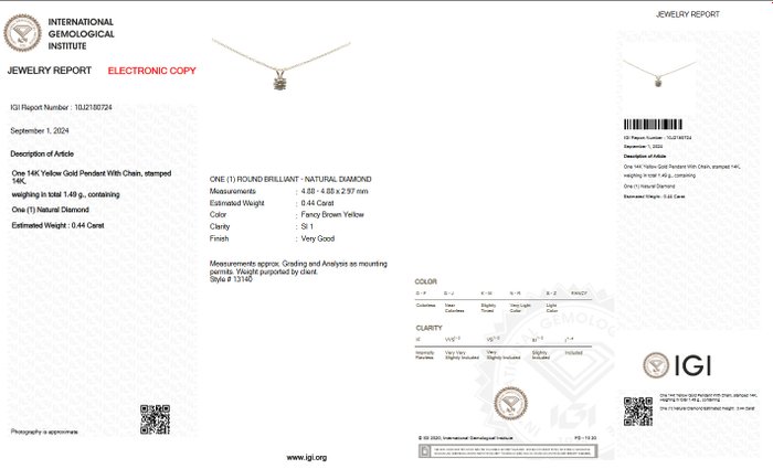 Ingen mindstepris - Halskæde med vedhæng - 14 karat Gulguld -  0.44ct. tw. Gul Diamant (Naturfarvet) - IGI